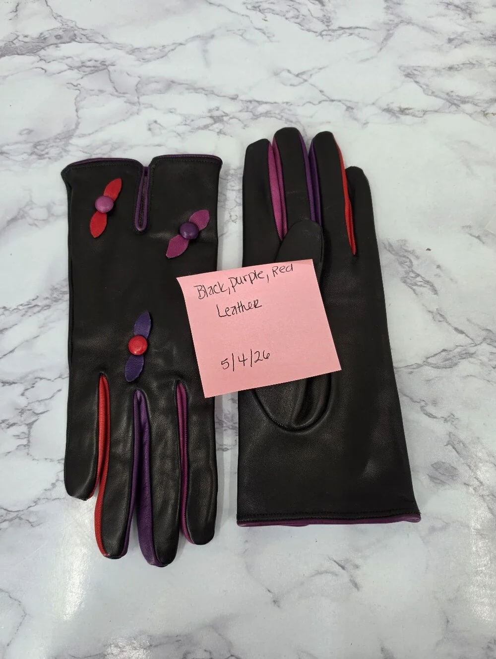 Vintage Black Leather Gloves with Purple & Red Accent Dress Or Driving Gloves
